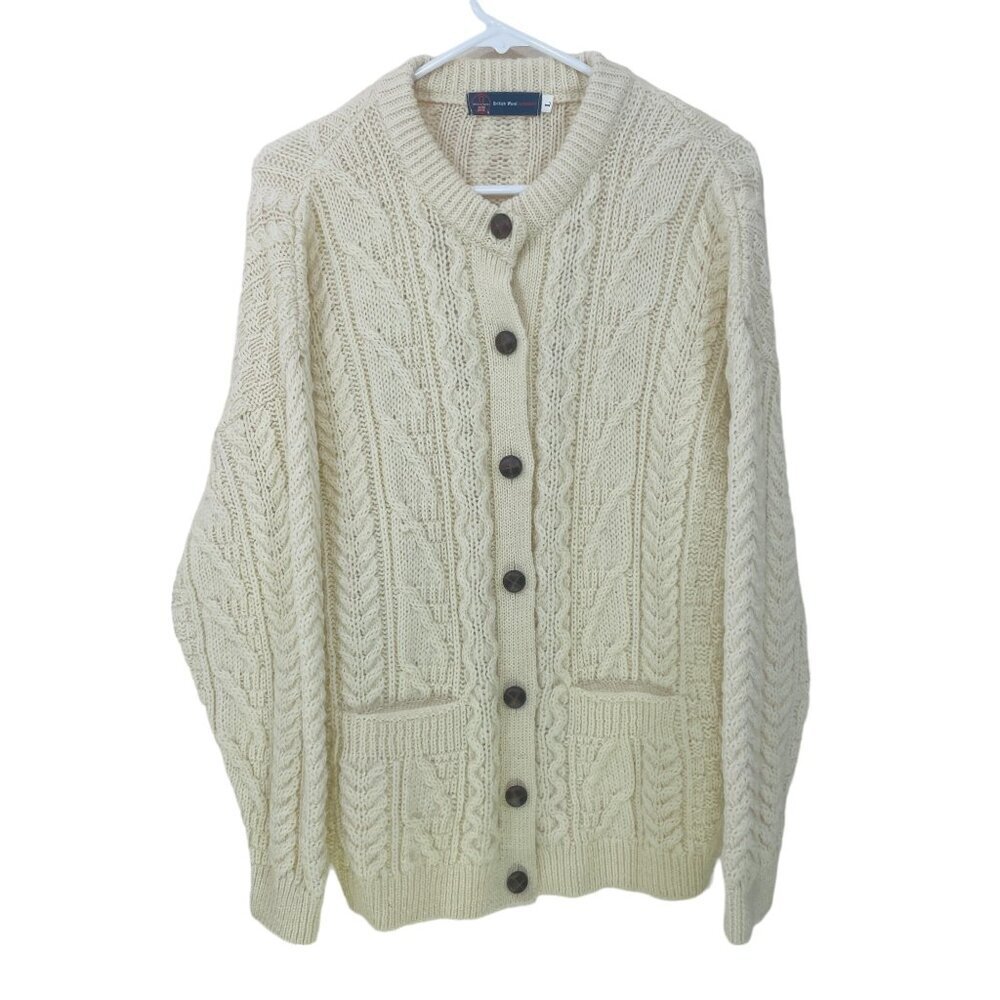 British Wool Naturally Sz L LCream Chunky Fisherman Cable Wool Cardigan Sweater